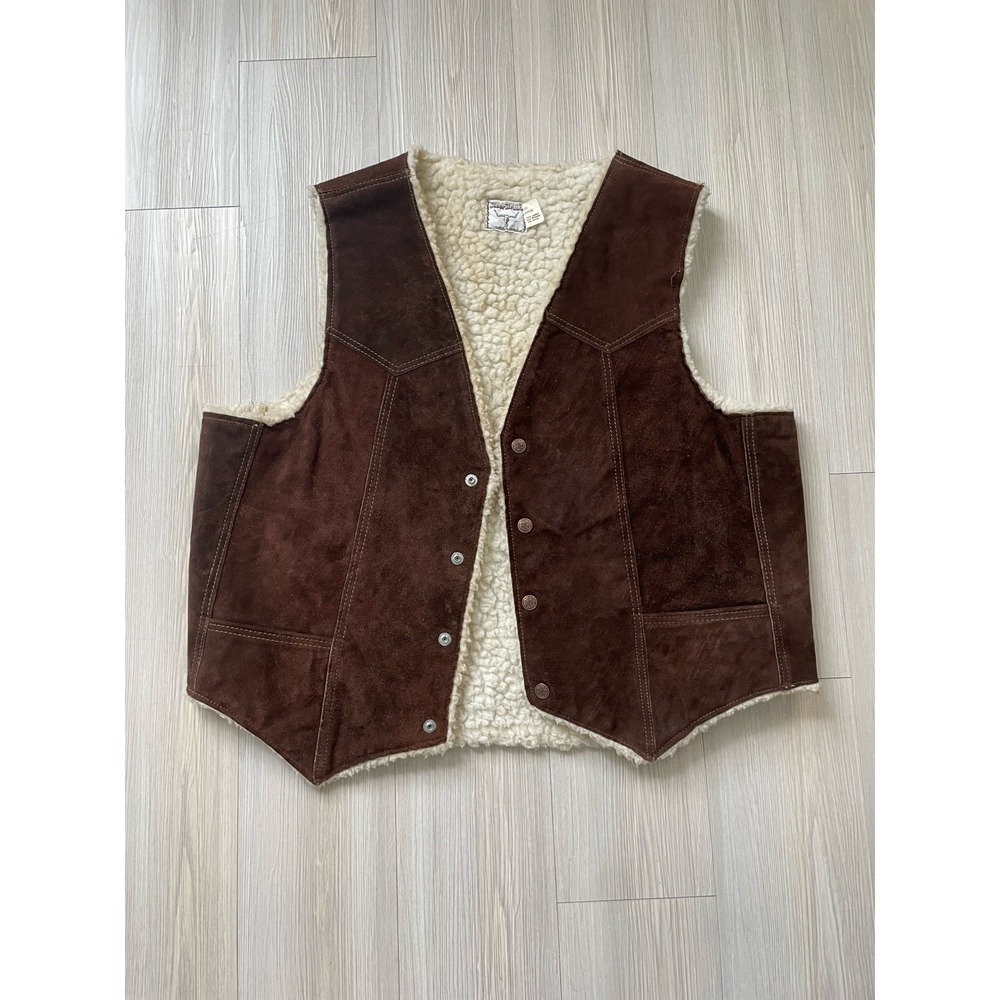 Steer Brand Vintage Leather Vest Sherpa Lined, Western USA, Size L